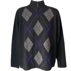 100% Cashmere Argyle Mock Neck 1/4‎ Zip Sweater Mens L Gray Purple